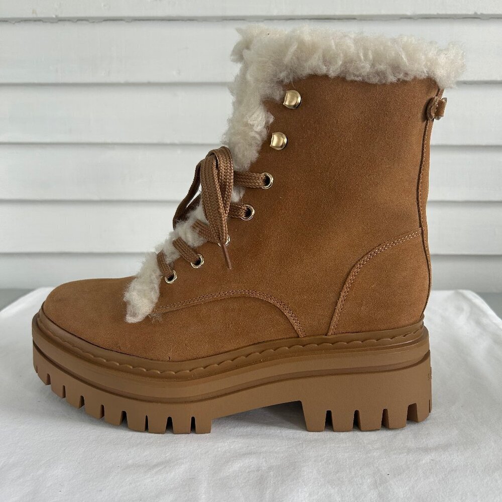 Sam Edelman Kyler Lace-Up Cozy Combat Boots Faux Shearling Tan Suede Size 9